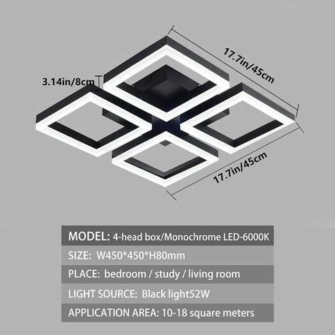Dope Modern 4 Panel Aluminum Frame LED Ceiling Light Fixtures 52W Flush Mount for living room, bedroom, kitchen, matte black