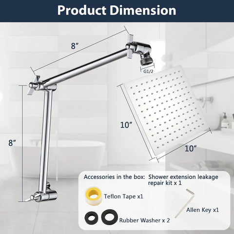 Dimensions of 10 Inch Rain Shower Head With 16 Inch Extendable Arm for Flexible Height And Distance, accessories included