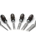 Heavy Duty Bevel Edge Chisel Set Featuring Heat Treated Alloy Steel Blades And Contoured Wooden Grips For Quick Woodworking Carves