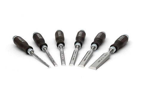 Heavy Duty Bevel Edge Chisel Set Featuring Heat Treated Alloy Steel Blades And Contoured Wooden Grips For Quick Woodworking Carves