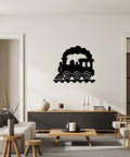 Locomotive Train Metal Wall Art Dope Vintage Style in black finish, 20 inch, in modern living room setting, easy hanging decor.