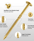 Built Like A Tank Heavy Duty Lag Screws 14 X 4 Inch Pack Of 28 showing golden epoxy coating, sharp thread, and Torx drive features.