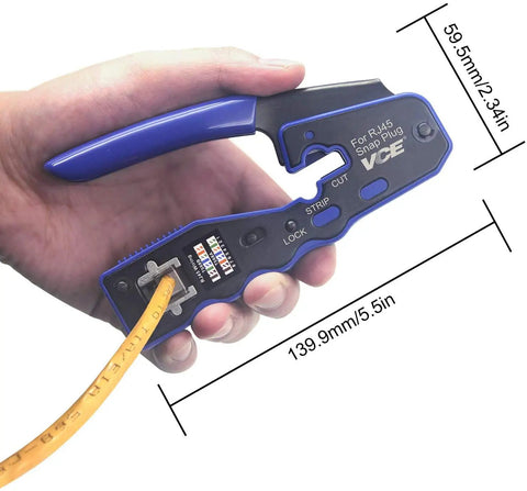 RJ45 Pass Through Crimp Tool 3 In 1 With Replacement Blades in hand cutting yellow ethernet cable, dimensions labeled