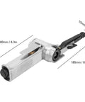 Heavy Duty Pneumatic Air Belt Sander With Three Abrasive Strips And Hex Wrench To Nail Woodworking Chores Straight Up Smooth Steel Polish And Badass Grinding At A Lightning 16000 Rpm Pace side view showing size and design features