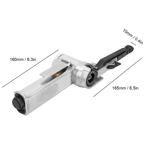Heavy Duty Pneumatic Air Belt Sander With Three Abrasive Strips And Hex Wrench To Nail Woodworking Chores Straight Up Smooth Steel Polish And Badass Grinding At A Lightning 16000 Rpm Pace side view showing size and design features