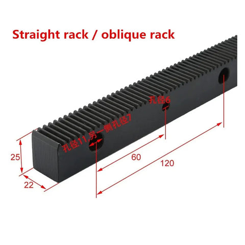 Solid Build 1.25 Module Helical Gear Rack With Matched Steel Pinion Set For CNC Routers And Shop Projects Right Handed Spiral Teeth 22X25mm Size showing dimensions and design features.