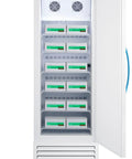 Built Tough 14.83 Cubic Feet Upright All Freezer For Vaccine Storage showing open door with stored vaccine boxes on shelves.