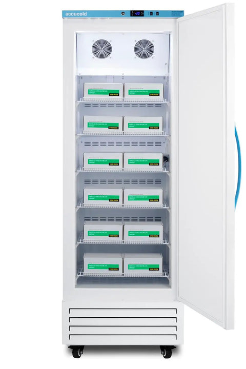 Built Tough 14.83 Cubic Feet Upright All Freezer For Vaccine Storage showing open door with stored vaccine boxes on shelves.
