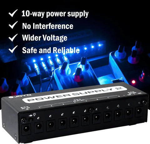 Guitar Pedal Power Supply With 10 Isolated Outputs 9V 12V 18V Options for Distortion Reverb Chorus Stompboxes, black unit under LED lights.