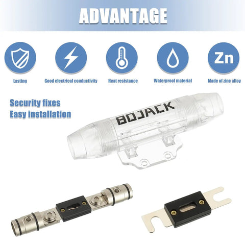 ANL Fuse Holder With 125 Amp Fuse For Inline Install Fits 0, 2, Or 4 AWG Auto Wiring, Clear Cover Lets You See The Fuse At A Glance, Built For A Solid, Secure Power Connection. clear ANL fuse holder with satin nickel body, 125A fuse, and zinc alloy parts