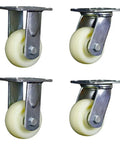 Rock Solid Heavy Duty Nylon Casters Replacement Set With 10.5 Inch Swivel And Locking Wheels, four durable nylon wheels with steel frames.