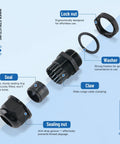 Waterproof Cable Gland Set 100 Piece Kit inner components with lock nut, seal, washer, claw, and sealing nut shown separately.