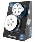 Dual Shower Head With Six Spray Modes, Polished Chrome, 2.5 GPM Water Saving Flow, on display box with handheld option visible.