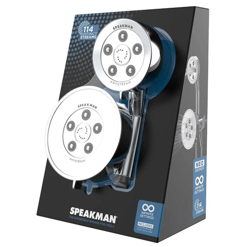 Dual Shower Head With Six Spray Modes, Polished Chrome, 2.5 GPM Water Saving Flow, on display box with handheld option visible.