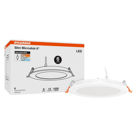 Sylvania Slim Microdisk Downlight, 12W, 5 CCT Select (2700K - 5000K) Recessed Lighting, with packaging, 6 inch, 6 Count.