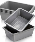 Six Pack Plastic Bus Tubs 8L Capacity For Restaurant And Food Service Use Durable Gray Totes Stacked And Opened