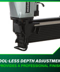 Close-up of Wide Crown Pneumatic Stapler For Sheathing And Insulation, 16 Gauge Nailer, lightweight 4.7 lbs, showing depth adjustment