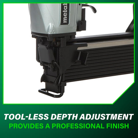 Close-up of Wide Crown Pneumatic Stapler For Sheathing And Insulation, 16 Gauge Nailer, lightweight 4.7 lbs, showing depth adjustment