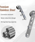 Close-up of 4 Ft Stainless Steel Sliding Barn Door Hardware Kit With Built Tough Smooth Quiet Rollers, Easy Install, Anti Rust.