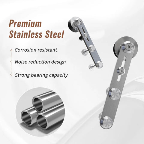 Close-up of 4 Ft Stainless Steel Sliding Barn Door Hardware Kit With Built Tough Smooth Quiet Rollers, Easy Install, Anti Rust.