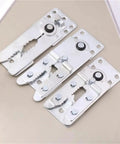Heavy Duty Steel Corner Bracket Hinge For Sofa And Couch Sectional Connector Snap, showing three connectors from different angles.