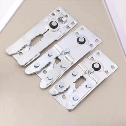 Heavy Duty Steel Corner Bracket Hinge For Sofa And Couch Sectional Connector Snap, showing three connectors from different angles.