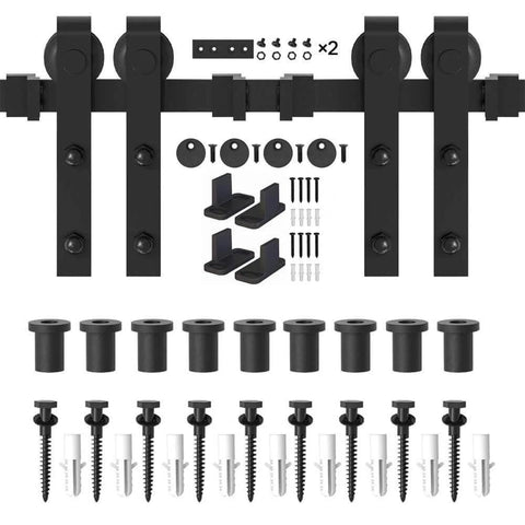 Heavy Duty Black Barn Door Hardware Kit For Double Sliding Doors 12 Ft Carbon Steel J Shape Track Easy Install components shown
