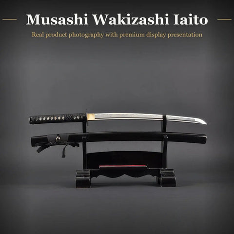 Aluminum Iaido Wakizashi Practice Sword With 21 Inch Blade for Safe Nukitsuke and Noto Drills displayed on stand
