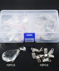 Marquise Crystal Teardrop Tablecloth Weights With 10 Piece Stainless Clip Kit For Outdoor Picnics And Patio Parties Easy Clip On Prisms To Keep Tablecloth From Blowing In The Wind. Plastic box containing crystal teardrop weights and stainless clips displayed.