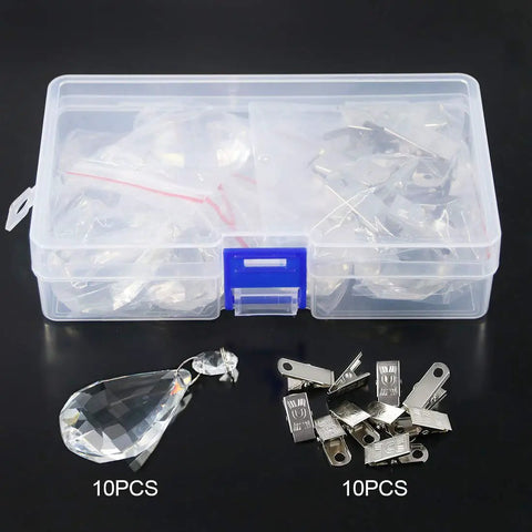 Marquise Crystal Teardrop Tablecloth Weights With 10 Piece Stainless Clip Kit For Outdoor Picnics And Patio Parties Easy Clip On Prisms To Keep Tablecloth From Blowing In The Wind. Plastic box containing crystal teardrop weights and stainless clips displayed.