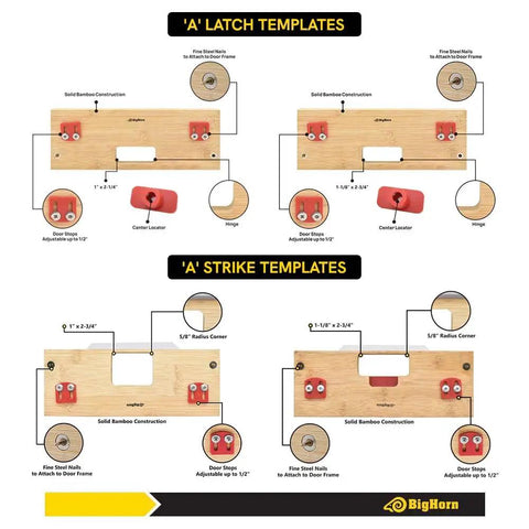 No Sweat Bamboo Router Jig For Door Latch And Deadbolt Installation includes 'A' latch and strike templates with solid bamboo construction.