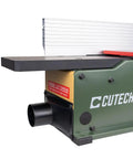 Six Inch Spiral Cutterhead Benchtop Jointer Loaded With Teflon Coated Aluminum Tables And 12 Durable Carbide Inserts Driven By A 10 Amp Motor showing control panel and dust chute.