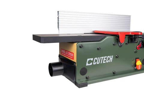 Six Inch Spiral Cutterhead Benchtop Jointer Loaded With Teflon Coated Aluminum Tables And 12 Durable Carbide Inserts Driven By A 10 Amp Motor showing control panel and dust chute.