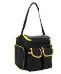 Heavy Duty Oxford Tool Organizer Bag With Removable Divider And Nonslip Rubber Feet Built Like A Tank For Tradesmen And Diy Crew Portable 20 Liter Carry Tote with yellow trim and pockets.