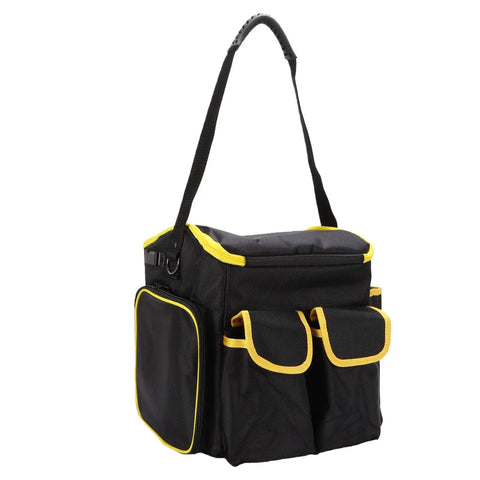 Heavy Duty Oxford Tool Organizer Bag With Removable Divider And Nonslip Rubber Feet Built Like A Tank For Tradesmen And Diy Crew Portable 20 Liter Carry Tote with yellow trim and pockets.