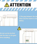 Installation warning for Extra Wide Auto Close Baby Gate by Pressure Mount for Stairs and Doorways, showing latch gap and tie.
