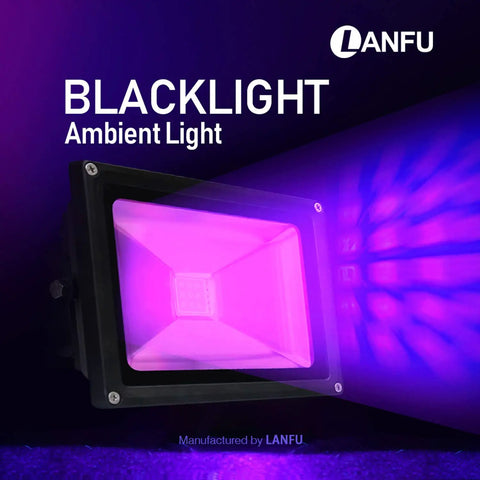 Two Pack 10W UV Black Light Flood Lamps With Plug Waterproof IP65 High Power Lit Neon Glow for ambient lighting in dark room.