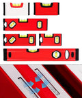 Portable Aluminum for spirit Level with V-Groove Design for Pipe in red, showing various sizes and vials for precision leveling.