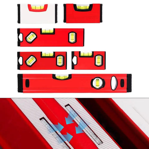 Portable Aluminum for spirit Level with V-Groove Design for Pipe in red, showing various sizes and vials for precision leveling.