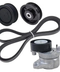 Super Cool Engine Drive Belt Tensioner Assembly With 2 Snazzy Idler Pulleys And Quality Belt Built For Mercedes-Benz M272 M273 W204 W203 Plus OE Fitment Numbers components showing black pulleys, belt, and tensioner.