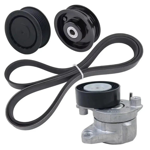 Super Cool Engine Drive Belt Tensioner Assembly With 2 Snazzy Idler Pulleys And Quality Belt Built For Mercedes-Benz M272 M273 W204 W203 Plus OE Fitment Numbers components showing black pulleys, belt, and tensioner.