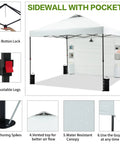 Effortless 10x10 Pop Up Canopy Tent With One Sidewall And Six Pockets For Quick Shade, setup details and features.