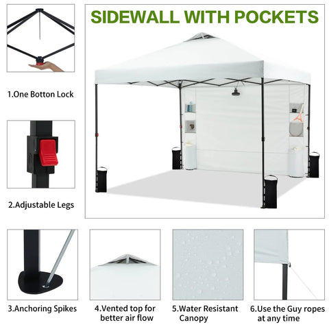 Effortless 10x10 Pop Up Canopy Tent With One Sidewall And Six Pockets For Quick Shade, setup details and features.