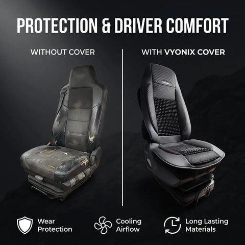 Comparison of truck seat without cover and with Beaded Cooling Seat Cover For Semi Trucks With Back Support And Anti Sweat Comfort Cushion.