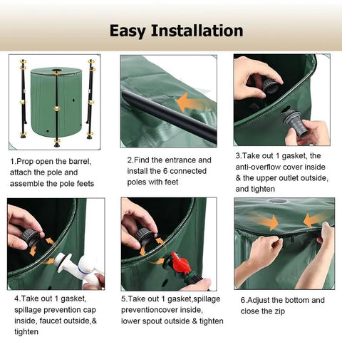 Collapsible Rain Barrel 264 Gallon Water Storage Tank With Easy Install Filter Spigot Overflow Kit steps showing assembly process