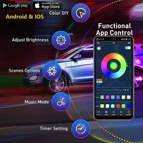 Underglow LED Kit With RGB IC Dream Color Chasing 213 Scene Modes Music Sync Via App Or Remote, app control interface displayed on phone