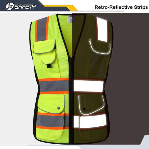 Nine Pockets Women Hi Vis Reflective Safety Vest Mesh Neon Yellow With Reflective Strips And Orange Extended Trims ANSI Compliant