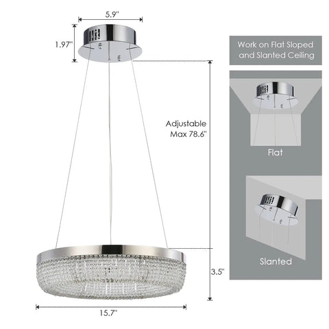 Diagram of Modern Crystal Chandelier Ceiling Lights Fixture Pendant Lighting Orb Ring Chandelier with dimensions and adjustable cable.