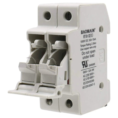 Heavy Duty 2 Pole DIN Rail Fuse Holder For Solar PV Systems, 30A At 1000V DC And 32A At 690V AC, RT18-32 10x38mm front view
