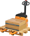 Premium Global Industrial Self-Propelled Electric Pallet Jack Truck Featuring Dual 60Ah Batteries For Heavy Duty Warehouse Material Handling with boxes on pallet.